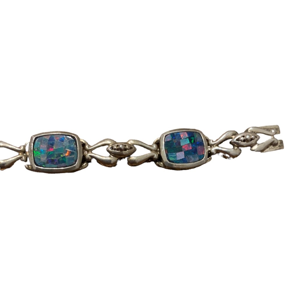 Vintage Opal Bracelet Blue Fire Opal Sterling Silver Link Bracelet Vintage 8”